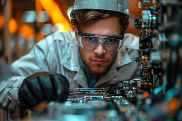Poster - Man operating assembly robot in factory.