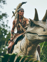 Primitive Tribal Warrior Riding Tame Dinosaur To Patrol Territory 