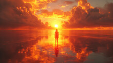 woman stands on shallow water watching sunset that looks like fire in the sky