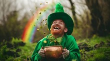 Greedy Leprechaun Smiling Laughing At Having Riches With Rainbow Mountains Background (Generative AI)