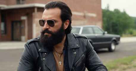 A bearded biker with a skull motif relaxes against a wooden background, exuding rugged style and attitude.