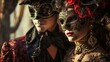 Elegant Individuals in Ornate Masks and Costumes Celebrating at a Masquerade Ball