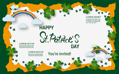 Wall Mural - St.Patrick's Day vector illustration. Green-white background with colorful clover leaves and design elements