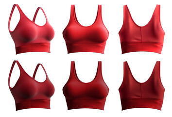 2 set of red maroon, front back side view, sports exercise bra tank crop top on transparent backgrou