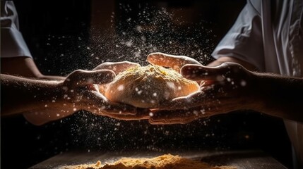 a dynamic scene on the preparation of Pizza in HD - 16:9 surrounded by the basic ingredients such as tomatoes, flour, basil, parsley. oil. Ai generated