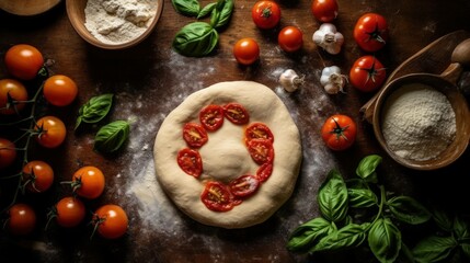 a dynamic scene on the preparation of Pizza in HD - 16:9 surrounded by the basic ingredients such as tomatoes, flour, basil, parsley. oil. Ai generated