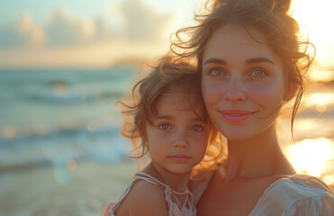 A mother with her daughter enjoying the beach with her family