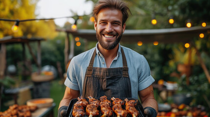 cheerful smiling man in kitchen mittens holds barbecue grill with meat in the park, cook, picnic in nature, cooking, delicious food, meal, summer