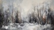 An abstract winter scene with thick and white strokes of paint overlay darker undertones to create a sense of snow-covered tranquility. 