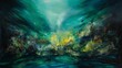 An underwater seascape, imagined through thick layers of blue and green oil paints. 