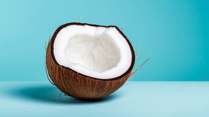 Wall Mural - coconut in the white plate, blue background