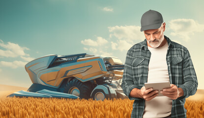 Poster - Farmer with digital tablet on a background of futuristic autinomous combine harvester. Smart farming concept