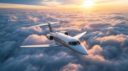 Majestic view of a private jet soaring high above a sea of fluffy clouds during golden hour