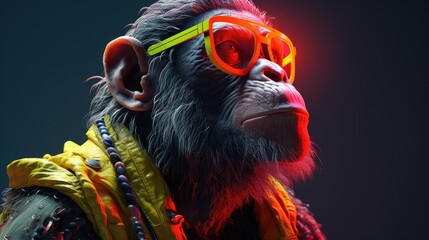 Wall Mural - Chimpanzee in sunglasses close-up. Portrait of a chimpanzee. Anthopomorphic creature. Fictional character for advertising and marketing. Humorous character for graphic design.