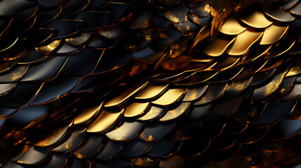 Poster - Abstract Golden Scales Texture on Dark Background.
Close-up of golden scales with intricate details and dark shadows, ideal for backgrounds in luxury design projects and abstract art pieces.