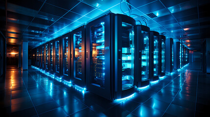 Poster - Futuristic Server Room with Blue Lighting.
Sleek server racks in a data center with dynamic blue lighting for a high-tech, secure, and modern computing background.