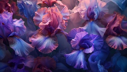  A breathtaking composition featuring a variety of iris flowers, each petal meticulously detailed in brilliant hues and sharp resolution
