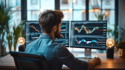 Wall Mural - A trader looking at trade graphs on his computer in a modern office. Generative AI.