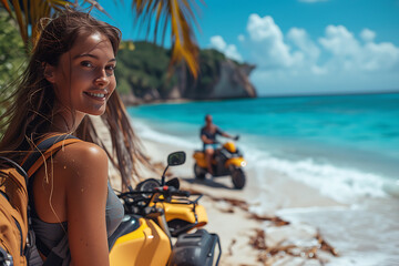 People are relaxing riding quad bikes on the shore along the ocean. Tourism tour activities, and summertime holidays concept
