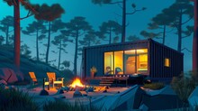 A Shipping Contain House In A Forest, Firepit And Chairs Camping Vacation - Illustration