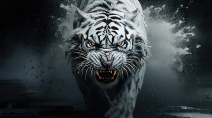 Wall Mural - Close-up of the head of an aggressive tiger ready to attack. Wild animal in monochrome style. Scalp of a snarling animal. Illustration for cover, card, interior design, poster, brochure, presentation.