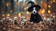 A Halloween puppy dressed as a witch, accidentally casting a spell that turns a pile of bones into puppy skeleton s