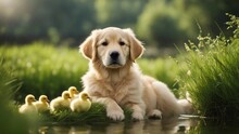Golden Retriever Puppy A Cheerful Golden Retriever Puppy Sitting By A Serene Pond, With Ducklings Swimming Nearby 