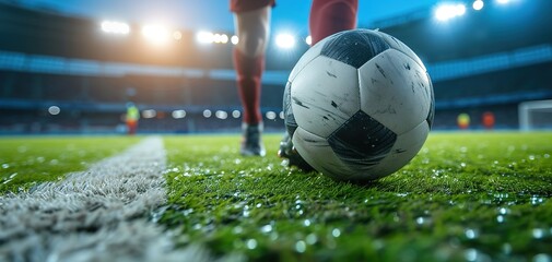 Wall Mural - Close-up of a Leg in a Boot Kicking Football Ball. Professional Soccer Player Hits Ball