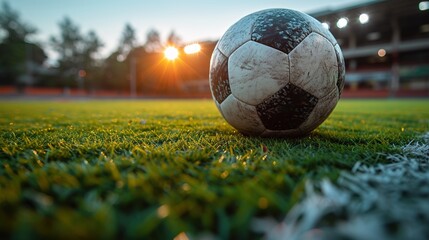 Wall Mural - After game. Closeup soccer ball on grass of football field at crowded stadium