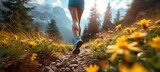 Fototapeta  - Hiking in the mountains. Female legs with sports shoes and backpack running on a trail mountain