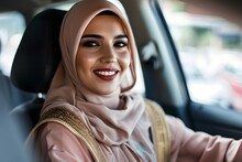 A Beautiful Muslim Young Woman In A Hijab Sits In A Car And Smiles Sweetly,the Concept Of Combating Discrimination,the Success And Independence Of Muslim Women,cultural Diversity