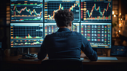 Poster - A man facing towards his computer screen and trading the stock market, with multiple displays in his front with all candlestick chart. Generative AI.