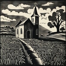 Black And White Interwar Woodcut Of A Small Church In A Country Landscape, Simple And Stylized