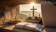 tomb empty with shroud and crucifixion at sunrise resurrection of jesus christ
