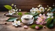 natural organic cosmetics serum cream mask on wooden background with flowers spa concept