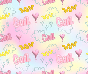 Wall Mural - 3d seamless pattern with clouds, hearts, text wow, cool. 70s groovy style. Cute dream baby ornament on tenderness gradient ornament, childish texture