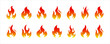 Fire flame icon set. Fire flames. Flame symbols. Fire silhouette. Set of red and orange fire flame. Collection of hot flaming element. Fire, flame. Vector illustration