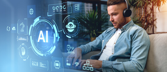 Poster - Man using laptop, virtual screen with AI icons and machine learning