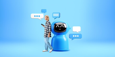 Poster - Young woman with smartphone, standing near robot on blue background