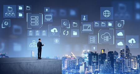 Poster - Man on concrete stand with phone, skyline and big data server hologram
