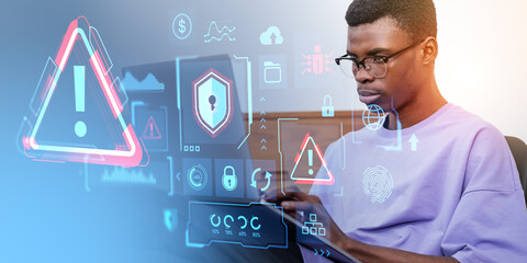 Poster - African man with laptop and cybersecurity interface