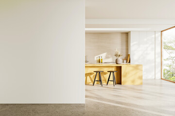 Poster - Beige home kitchen interior with bar counter and stool, window and mock up wall