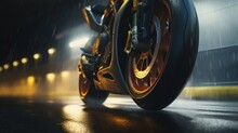 A close-up of a motorcycle's tire gripping the asphalt, showcasing the sheer power and traction of the machine.