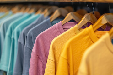 Row colorful pastel colors textile simple t-shirts in clothing rack in store, selling variety of stylish, fashionable casual clothes hanging on hanger.