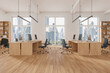 © ImageFlow - Stylish coworking interior with desk and shelf, workplace near panoramic window
