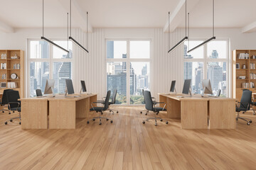 Wall Mural - Stylish coworking interior with desk and shelf, workplace near panoramic window