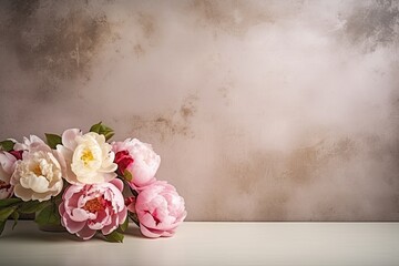Wall Mural - retro background with peonies in vintage style with free space for inscriptions. antique wall with scuffs in shabby chic style. summer spring laconic natural background