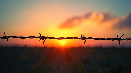 A line of barbed wire fencing, its silhouette crisp against the fading light of a setting sun. Generative AI.