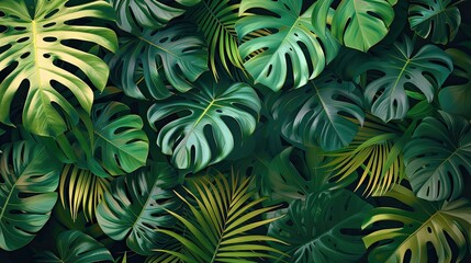 Wall Mural - Lush tropical monstera and palm leaves with vibrant green tones.