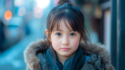 Retrato de niña japonesa joven, morena de ojos negros, primer plano, con fondo desenfocado